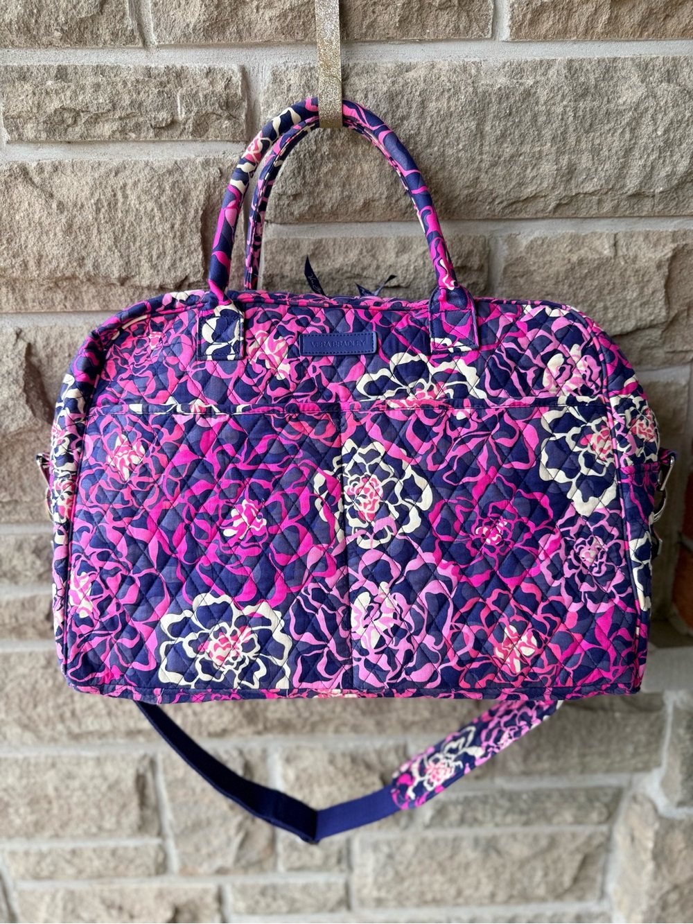 Vera Bradley Pink Navy Floral Quilted Weekender Travel Duffel Bag